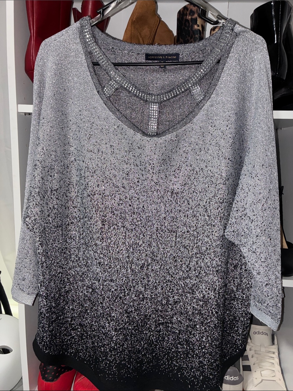 Adrienne Vittadini Gray to Black Ombre Knit Sweater with Embellished Neckline